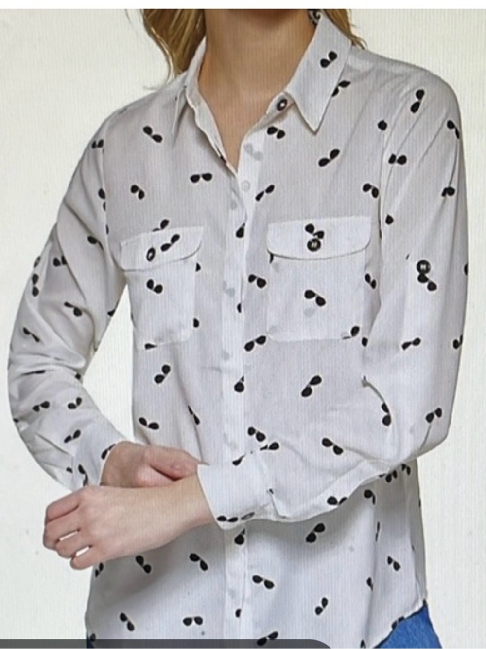 Karl Lagerfeld Silky White Shirt with Black Sunglass Motif Size Medium